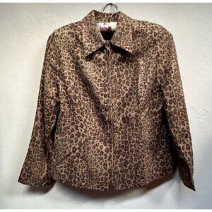 Via Seta by Sandra Harris Womens Size 2 Silk Jacket Full Zip Animal Print Brown